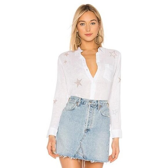 RAILS Charli White & Rose Gold Star Embroidery Linen Blend Button Shirt Top, XS - Picture 2 of 14